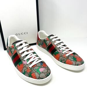 Gucci Ace GG Supreme Monogram Strawberry Web Stripe Low Top Sneakers Shoes EU 39